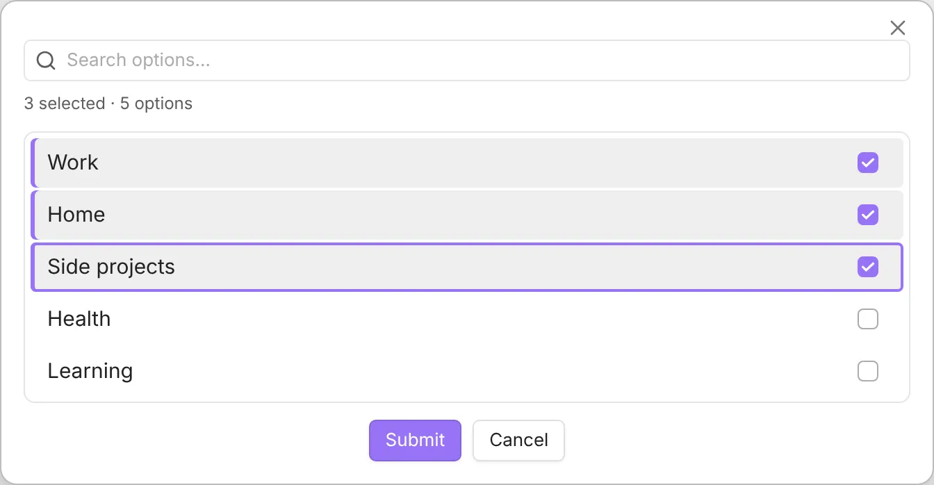 A QuickAdd checkbox prompt with a search box and the counter “3 selected · 5 options”. Work, Home, and Side projects are ticked, Health and Learning are not, and Submit and Cancel buttons sit below