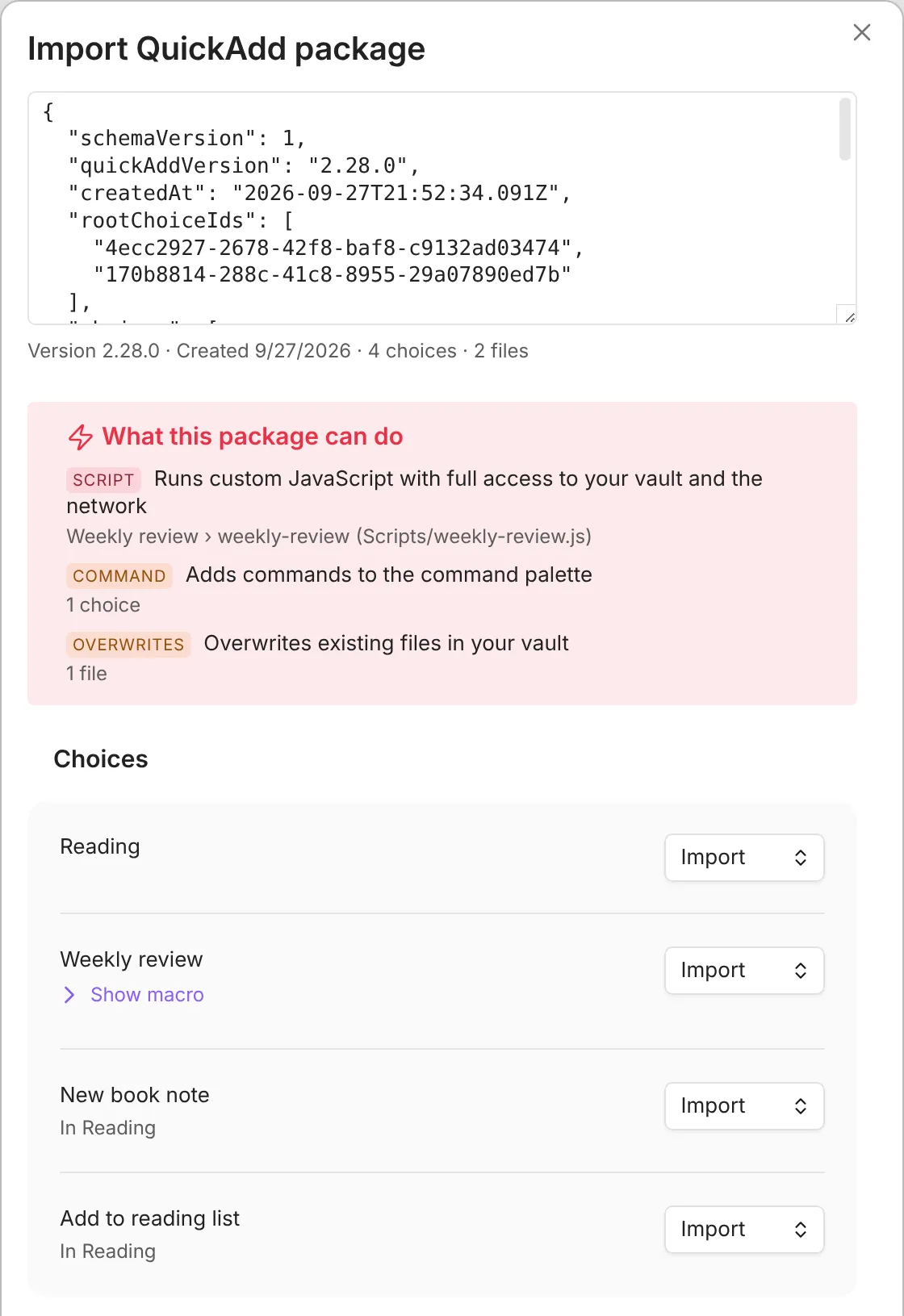 The Import QuickAdd package modal after pasting a package. The What this package can do callout lists a SCRIPT row for the Weekly review macro’s user script, a COMMAND row, and an OVERWRITES row. Below it, the Choices list shows Reading, Weekly review, New book note, and Add to reading list, each set to Import