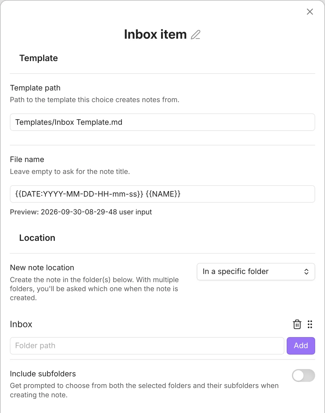 The Inbox item Template choice, with the template path, file name, and Inbox folder set